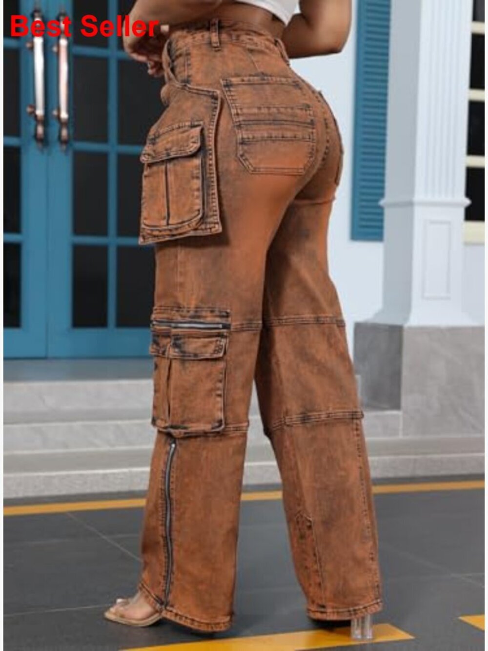 Polyester and Spandex Blend Cargo Pants with Side Zipper and Pockets - Picture 3 of 7